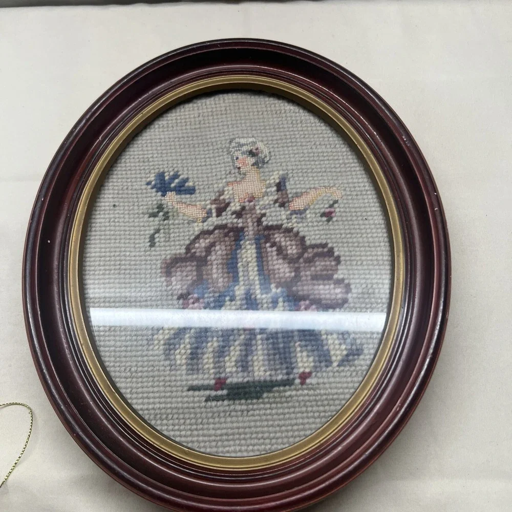 Vintage Cross Stitch Victorian Woman Oval Frame